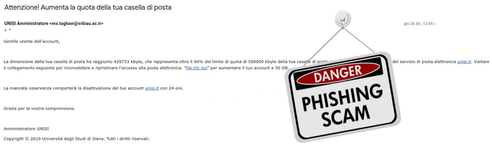 PHISHING – Attenzione! Aumenta la quota della tua casella di posta